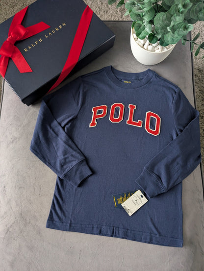 New Ralph Lauren Boys Navy Smart Pony Logo Ralph T Shirt Long Sleeve 5-6yrs