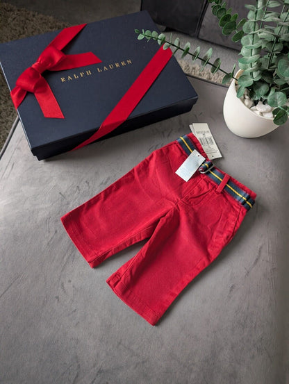 New Ralph Lauren Baby Boys Smart Chino Trousers Belted Gift Occasion 0-3m Red