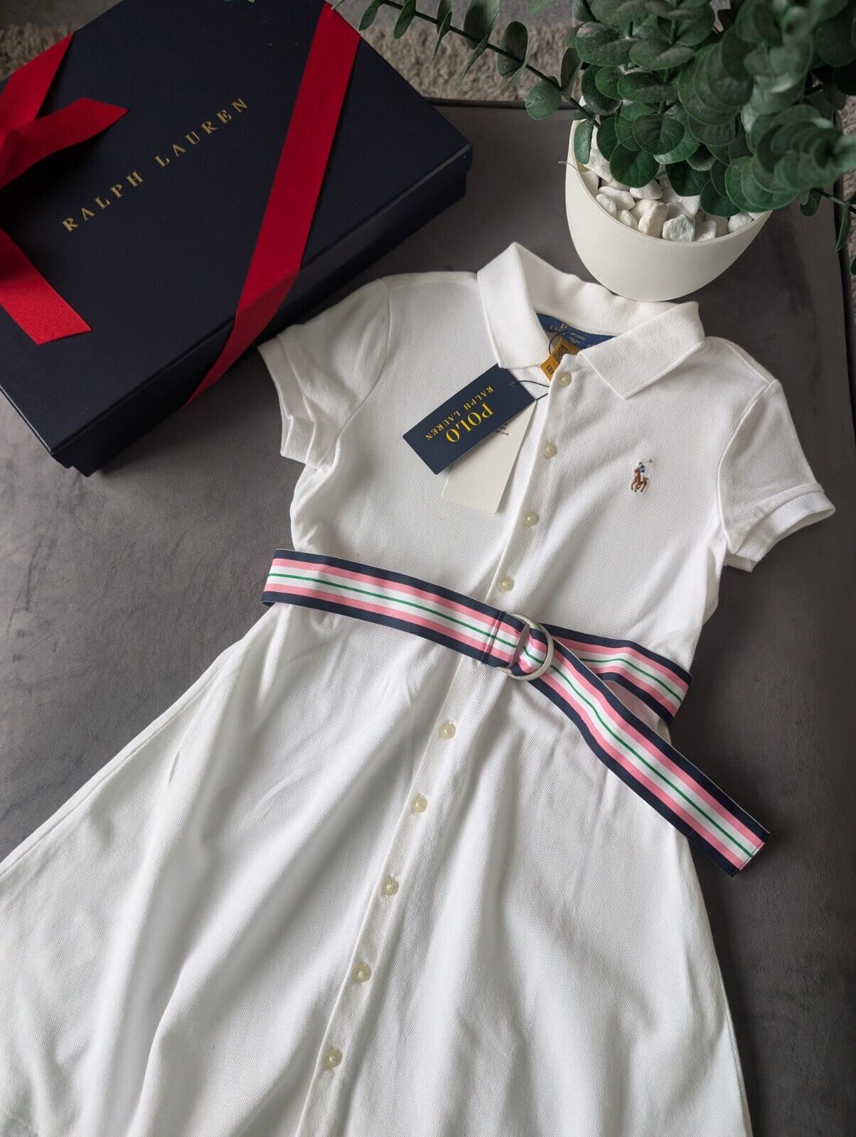 New Girls Polo Ralph Lauren White Polo Dress White Tennis Belted age 6-7yrs Gift