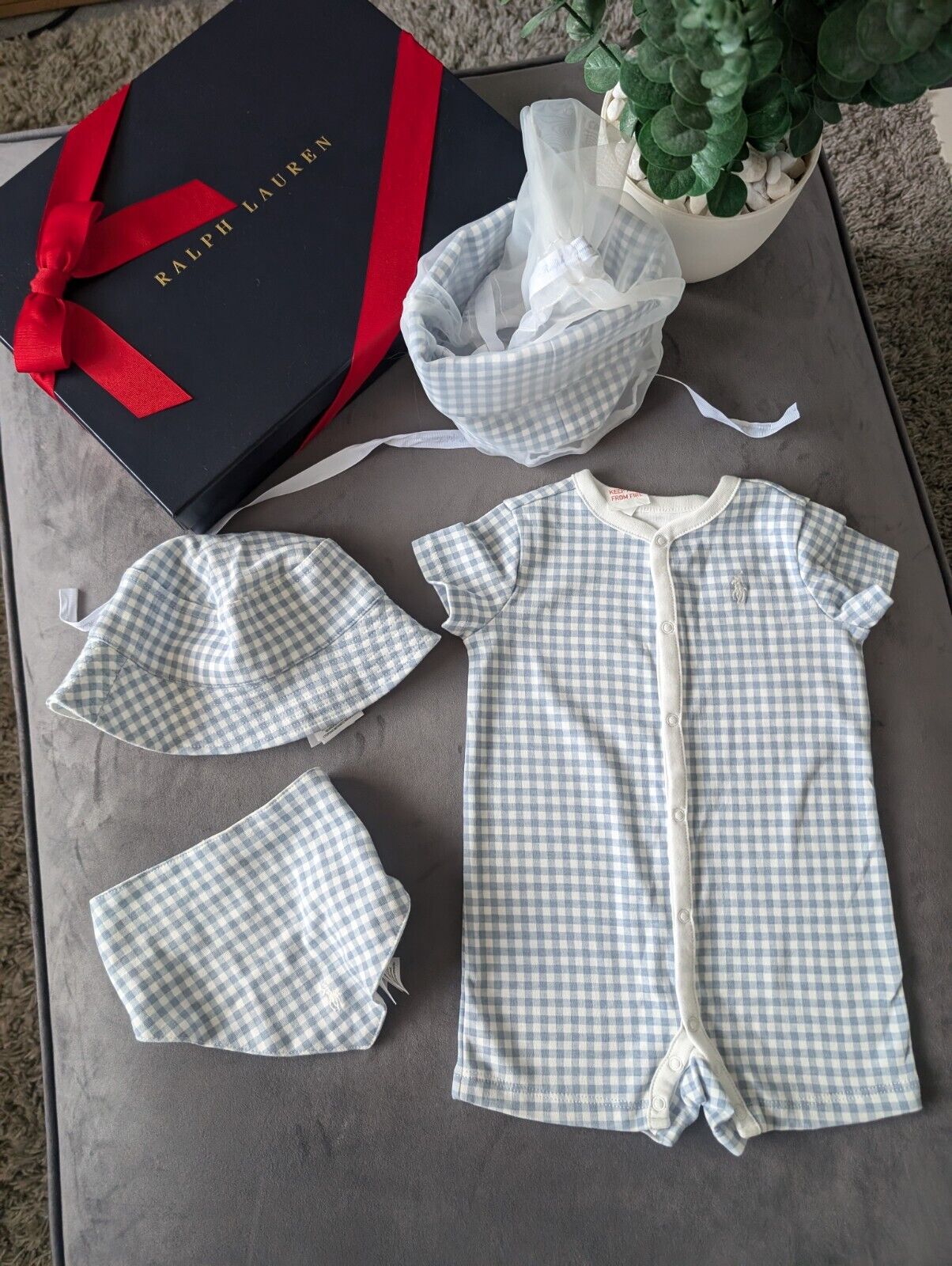 New Ralph Lauren Baby Boy Gift Set Basket Gingham Romper Hat + Bib 1-3m Newborn