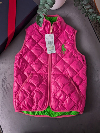 New Ralph Lauren Girls Bright Pink Green Quilted Gilet Bodywarmer Age 5 Gift