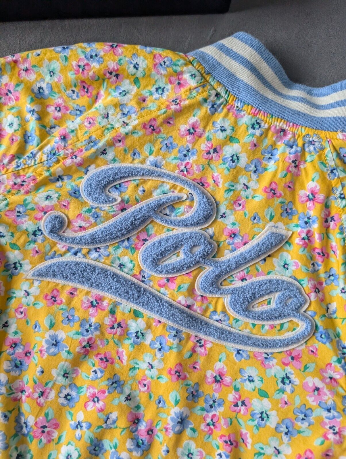 Immaculate Girls Ralph Lauren Floral Baseball Varsity Jacket Yellow Pink Age 7