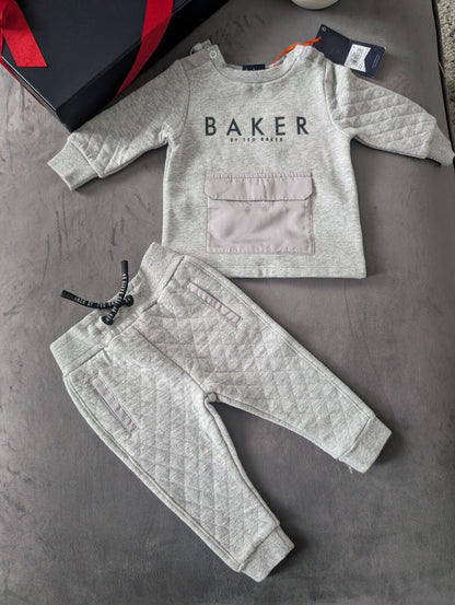 BNWT Ted Baker Boy Grey Blue Logo Tracksuit Jogger Set Outfit 3-6m Quilted Gift