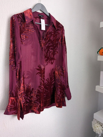 New Karen Millen Feather Devore Woven Shirt BNWT Burgundy Pink Sheer Smart UK 10