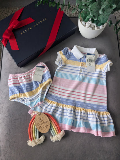 New Ralph Lauren baby girls pink white stripe frill Multi Dress gift 3-6m pretty