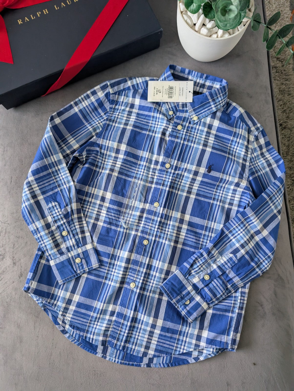 New Ralph Lauren Blue White Check Boys Shirt Smart Occasion Age 7 Yrs Gift