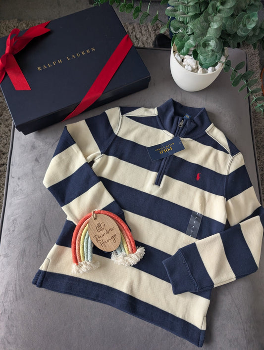 New Ralph Lauren boys Navy 1/4 zip knit jacket Navy Cream Stripe Smart Boys 6-7y