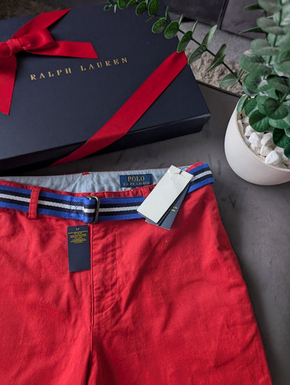 New Ralph Lauren Boys Red Chino Shorts + Belt Smart Gift Age 13 Casual Summer