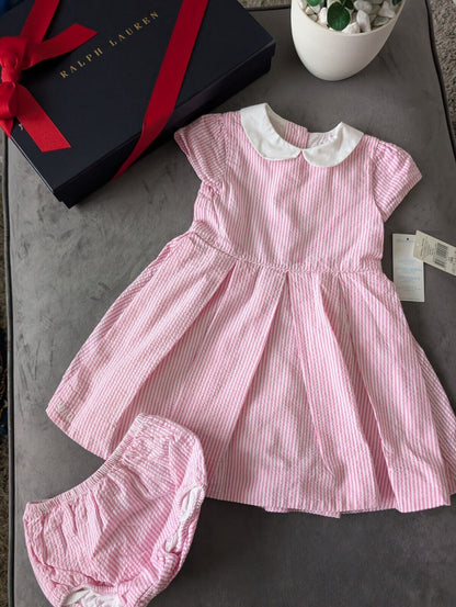 New Ralph Lauren Girls Stripe Fully Lined Pretty Party Dress 18m Gift Pink