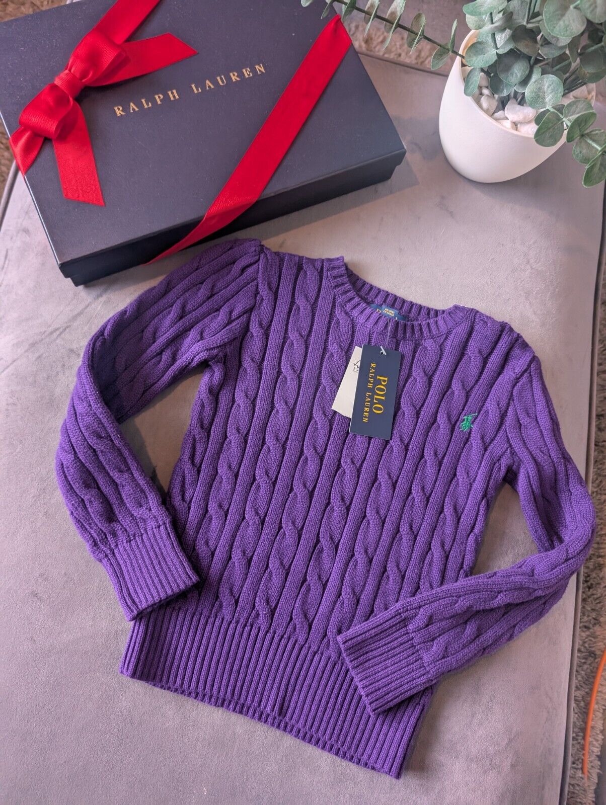 New Polo by Ralph Lauren Cable Knit Jumper Purple Boys 5 Years Gift Winter