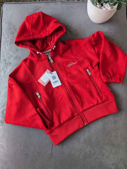 New Gorgeous Girls Hugo Boss Hoodie Red Age 6  Glitter Logo Puff Sleeve Gift