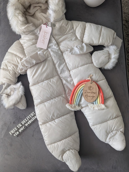 Ted Baker Silver Padded Ruffle Trim Snowsuit & Mittens Set Age 3-6mths BNWT £54