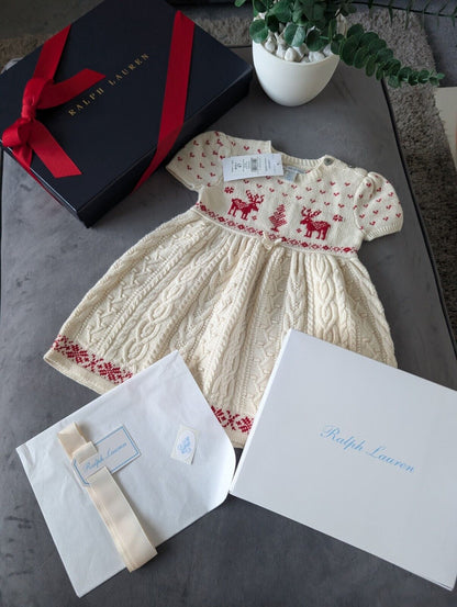 New stunning girls Ralph Lauren Christmas cable knit dress + gift box 9-12m Gift