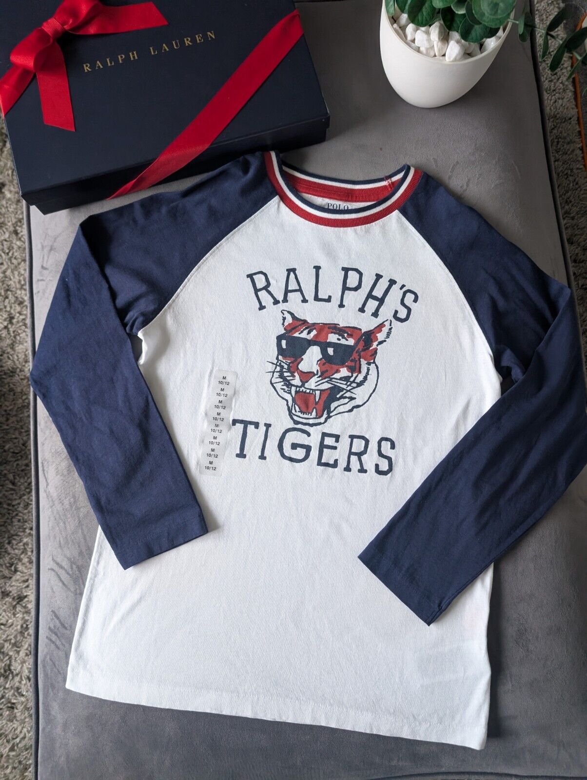 New Ralph Lauren Boys Blue Ralph Tigers Logo Ralph T Shirt Long Sleeve 10-12yrs