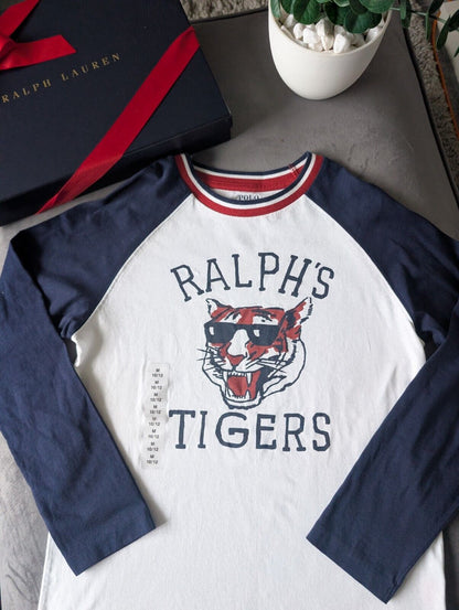 New Ralph Lauren Boys Blue Ralph Tigers Logo Ralph T Shirt Long Sleeve 10-12yrs