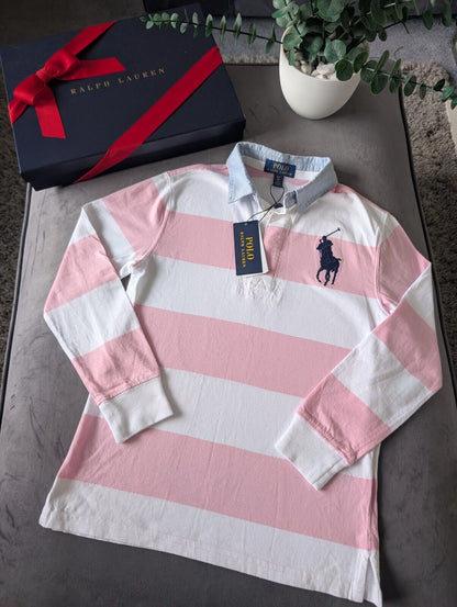 New Ralph Lauren Boys Iconic Pink White Stripe Long Sl Polo Shirt Smart Gift 8y