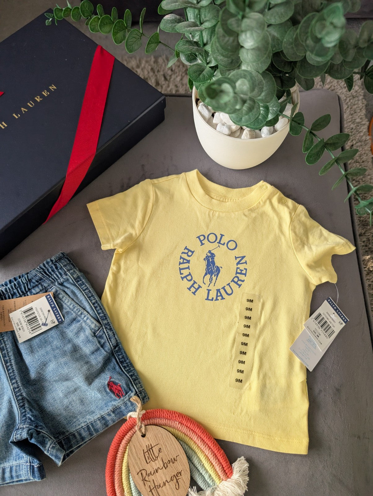 New polo Ralph Lauren baby t shirt Yellow + Denim Shorts 6-9m gift pony Logo