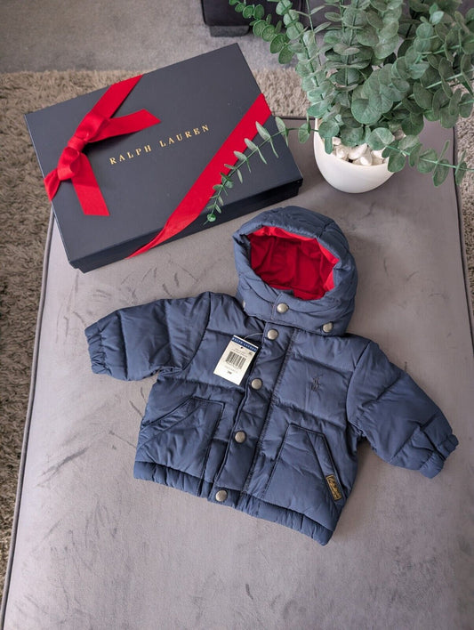 New Ralph Lauren Baby Boys  Down Vintage Jacket Coat 0-3m Navy Red Warm Gift