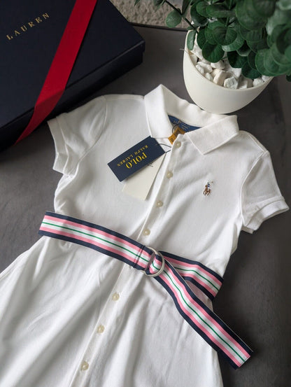 New Girls Polo Ralph Lauren White Polo Dress White Tennis Belted age 6-7yrs Gift