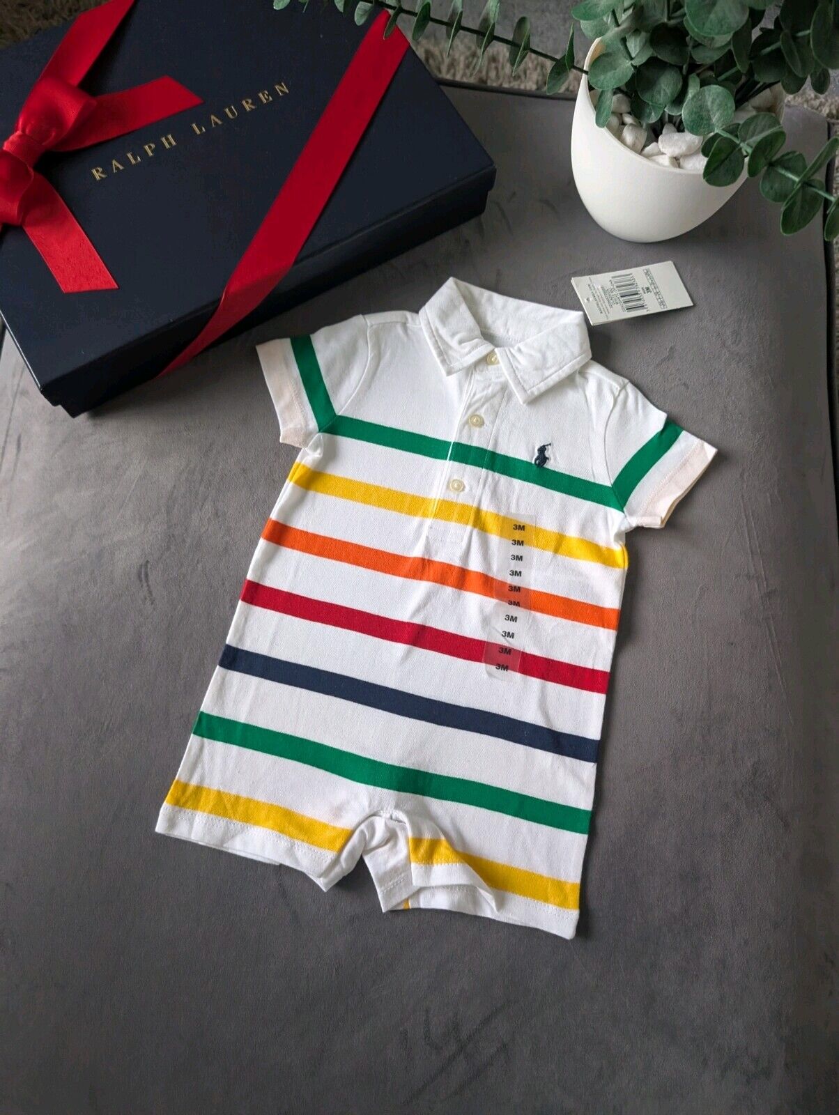 New Ralph Lauren Baby Boy Multi White Stripe Romper 6m Gift Cute Baby Summer