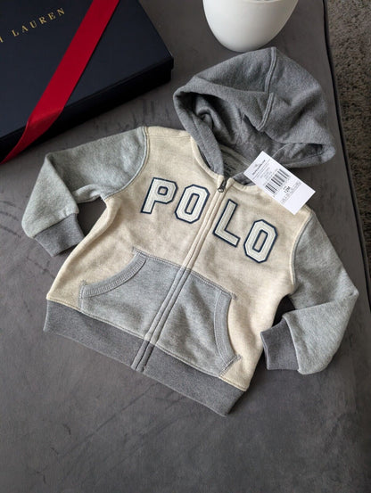 New Ralph Lauren Baby Boys Grey Ivory Hoodie Navy Multi 12m Gift Full Zip