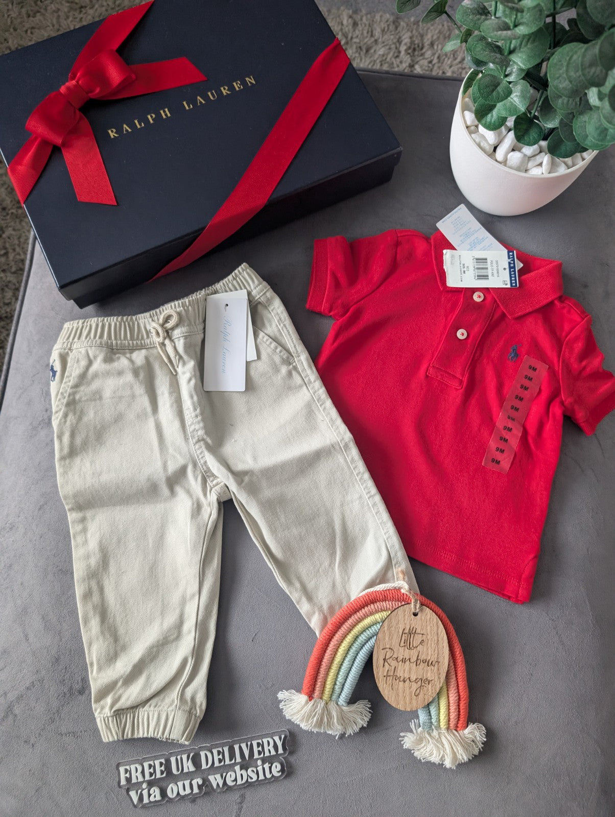 New adorable Ralph Lauren boys Polo Shirt Red  + Chino Trousers Age 6-9m Gift