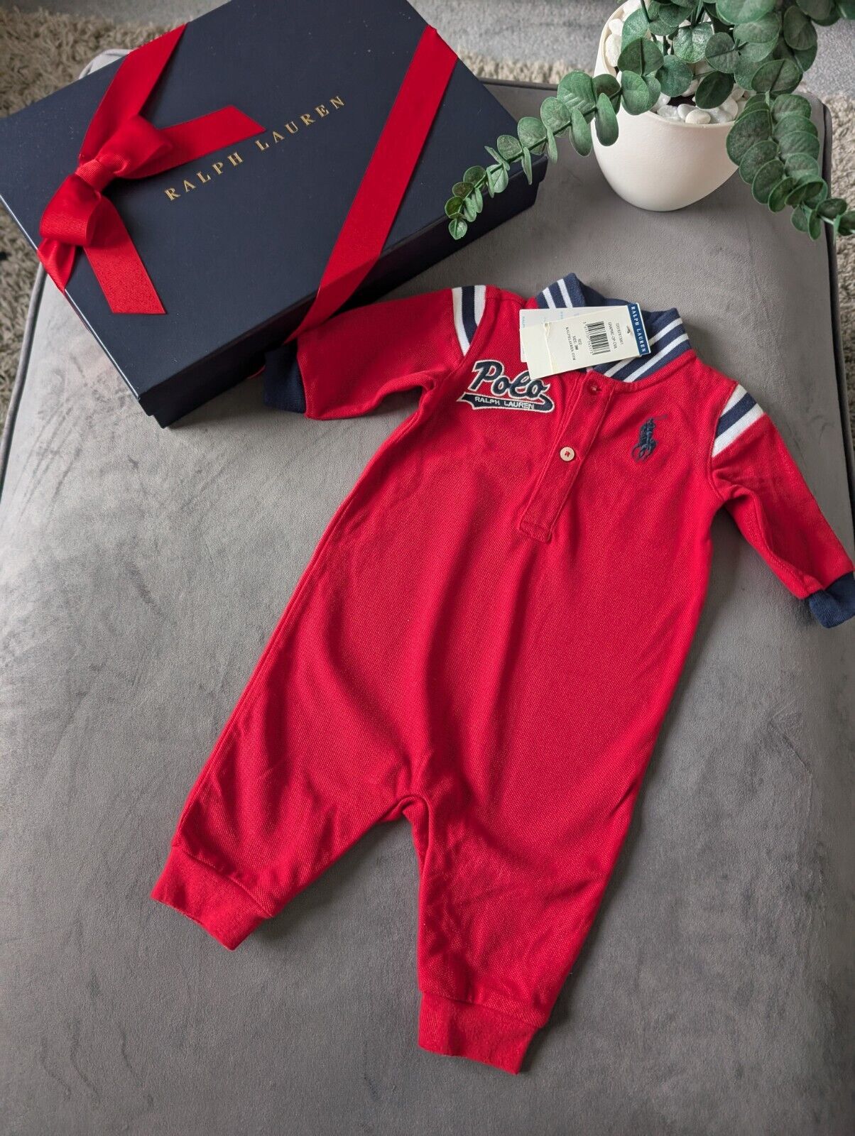 New Adorable Ralph Lauren Boys Navy Stripe Coverall All In One Red Baseball 0-3m