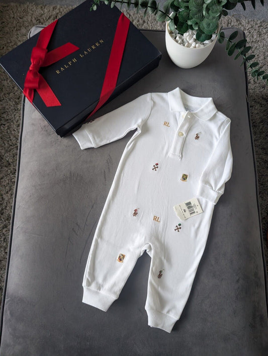 New Ralph Lauren Baby Babygrow All In One 6m White Polo All Over RL Print Gift