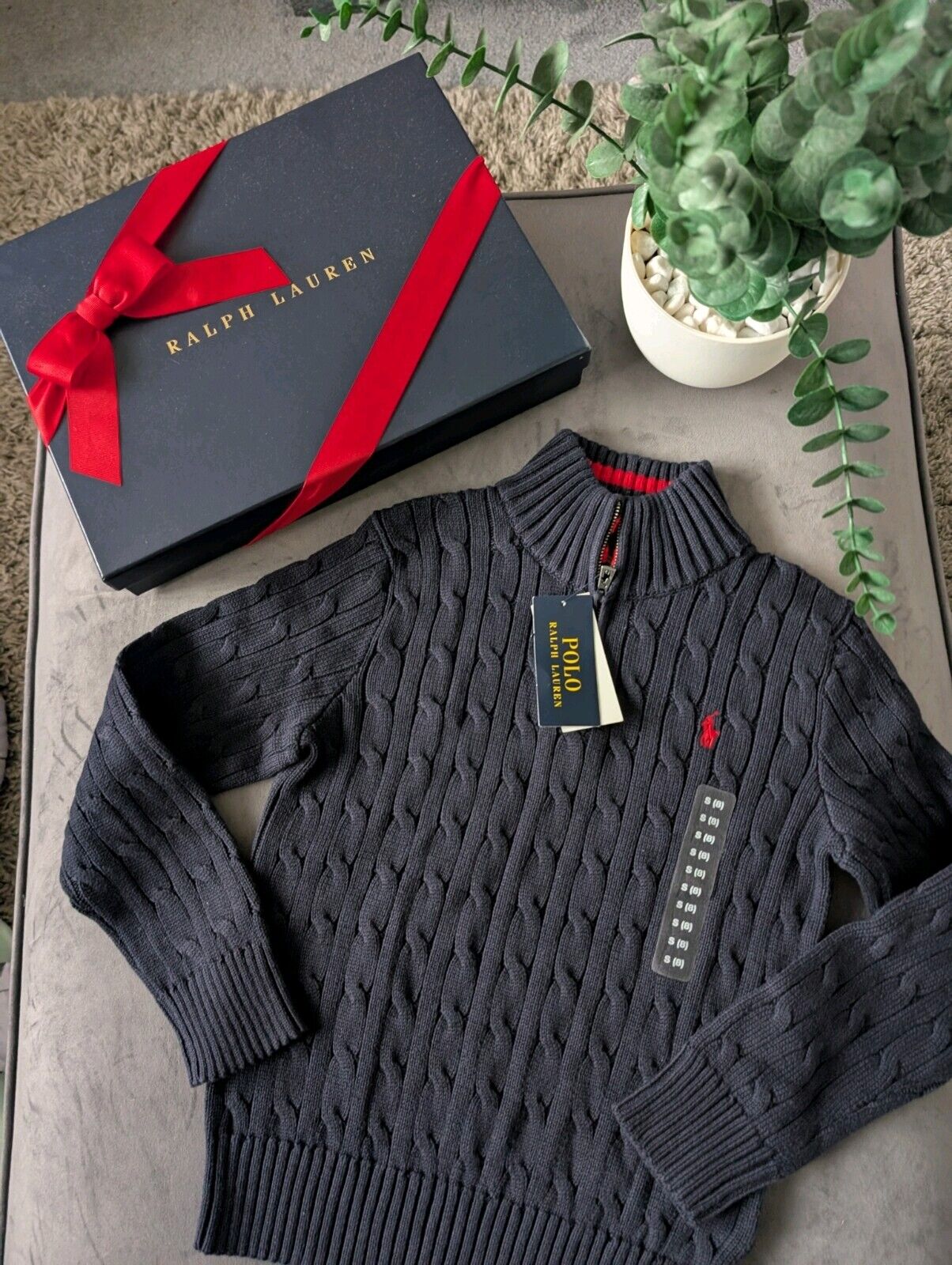 New 2024 Season Ralph Lauren boys smart Navy 1/4 zip cable knit jumper 8yr Gift