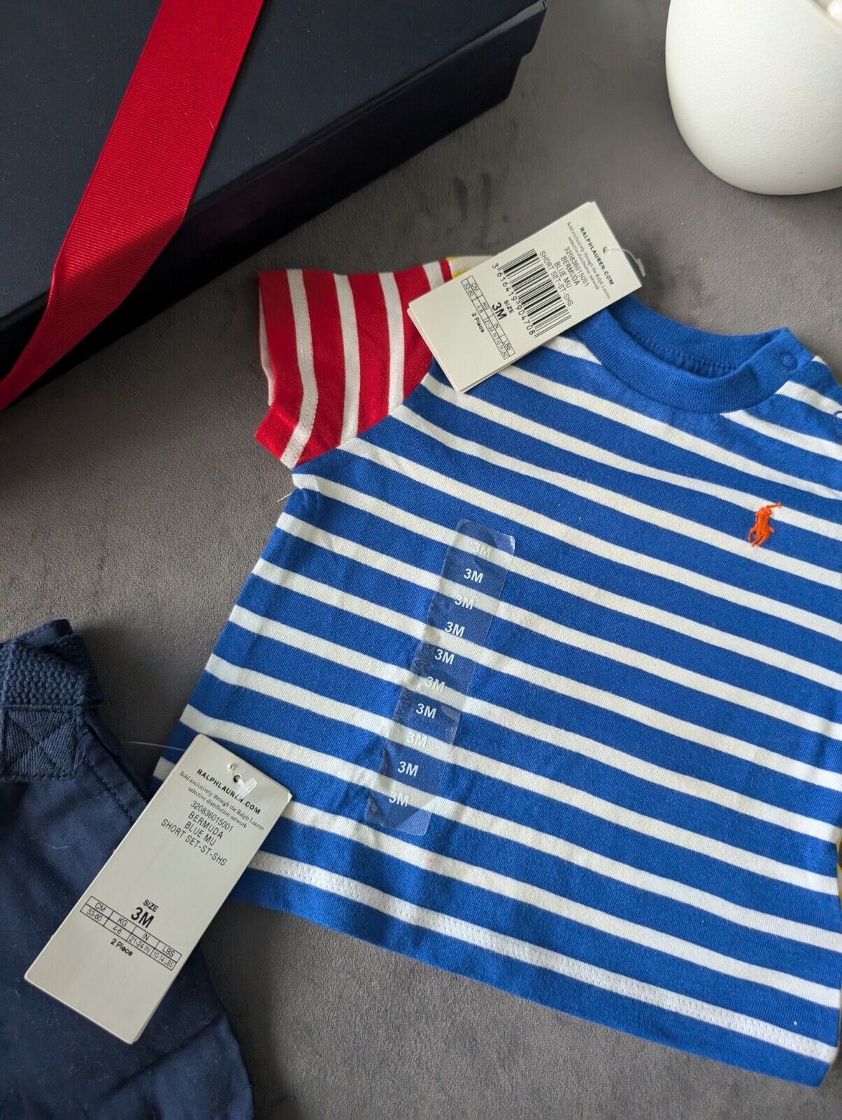 New adorable Ralph Lauren boys Stripe t  shirt + navy blue short set 0-3m gift