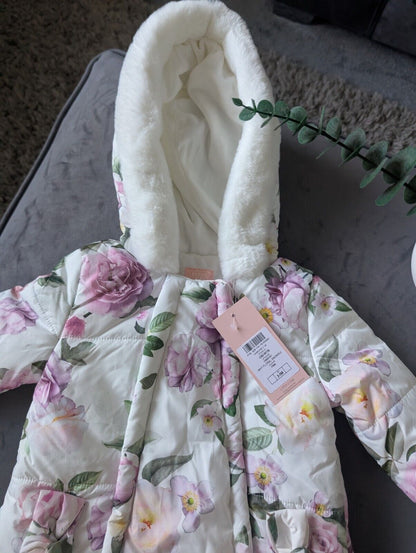 NEW Gorgeous Faux Fur Lined Soft Floral Pink Roses Lipsy Snowsuit/pramsuit 3-6m