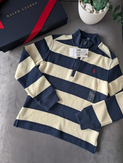 New Ralph Lauren boys Navy 1/4 zip knit jacket Navy Cream Stripe Smart Boys 6-7y