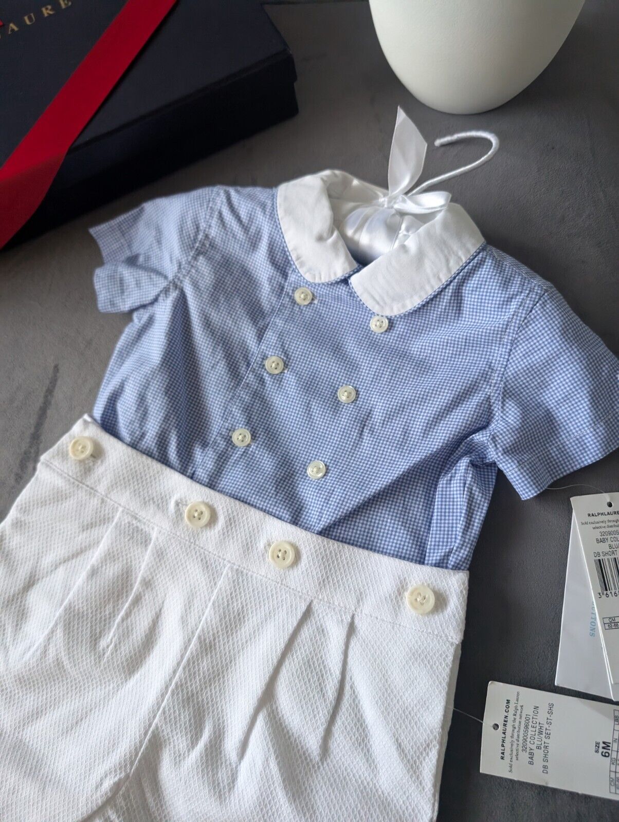 New Gorgeous Ralph Lauren Baby Boys Blue Gingham 2inOne Outfit Shirt Short 3-6m