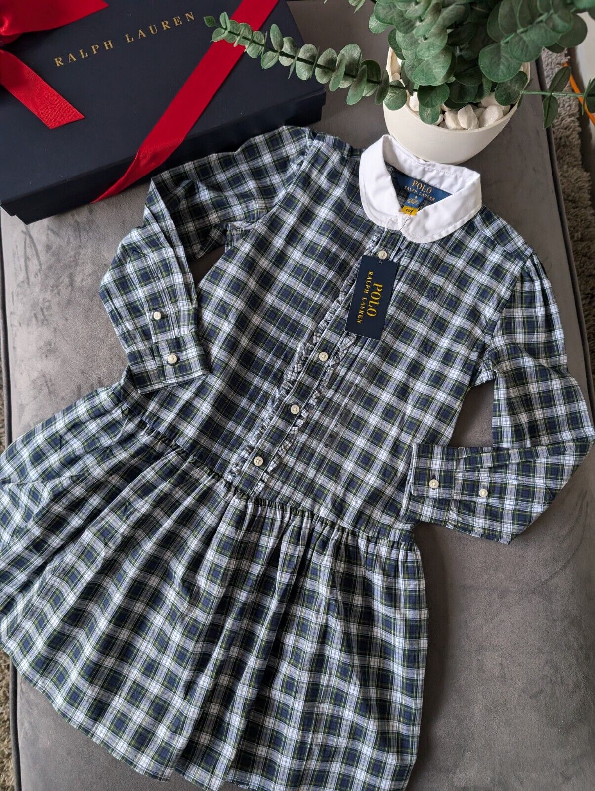 New Girls Polo Ralph Lauren Checked Plaid Dress Poplin Shirt Dress Cotton 6y New