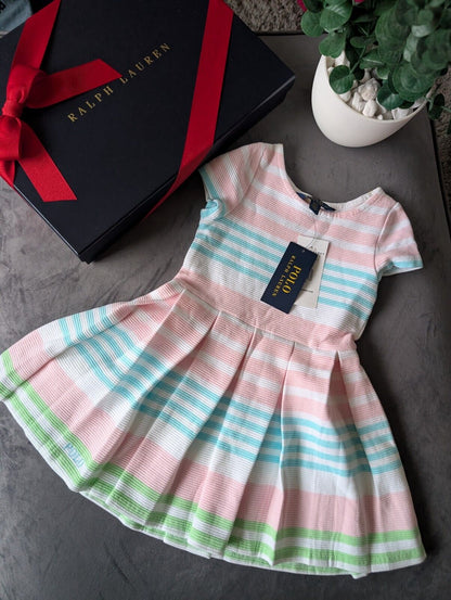 New Stunning Girls Ralph Lauren pastel Ribbed Stripe Dress Occasion Age 3 Gift