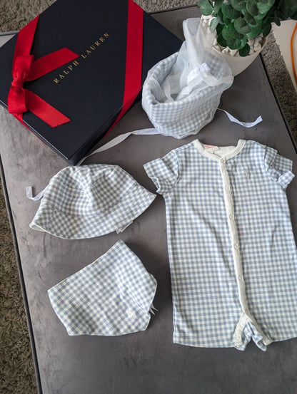 New Ralph Lauren Baby Boy Gift Set Basket Gingham Romper Hat + Bib 1-3m Newborn