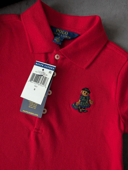 New Ralph Lauren Girls Red Polo Dress Teddy Bear Design Embroider 6y Gift Smart