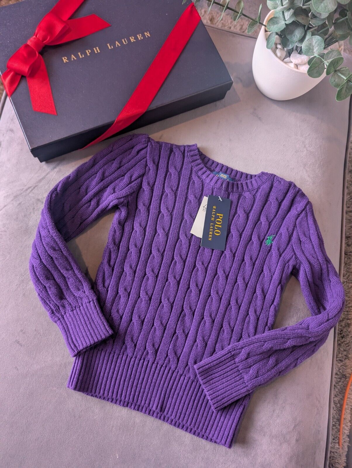 New Polo by Ralph Lauren Cable Knit Jumper Purple Boys 5 Years Gift Winter