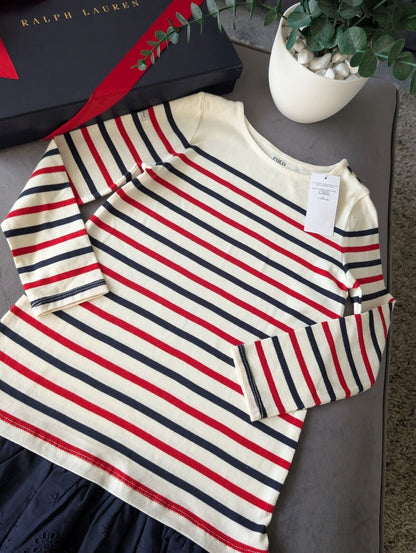 New Ralph Lauren Girls Stripe Navy Red Ivory Dress Embroidered Age 6 Thin Jumper