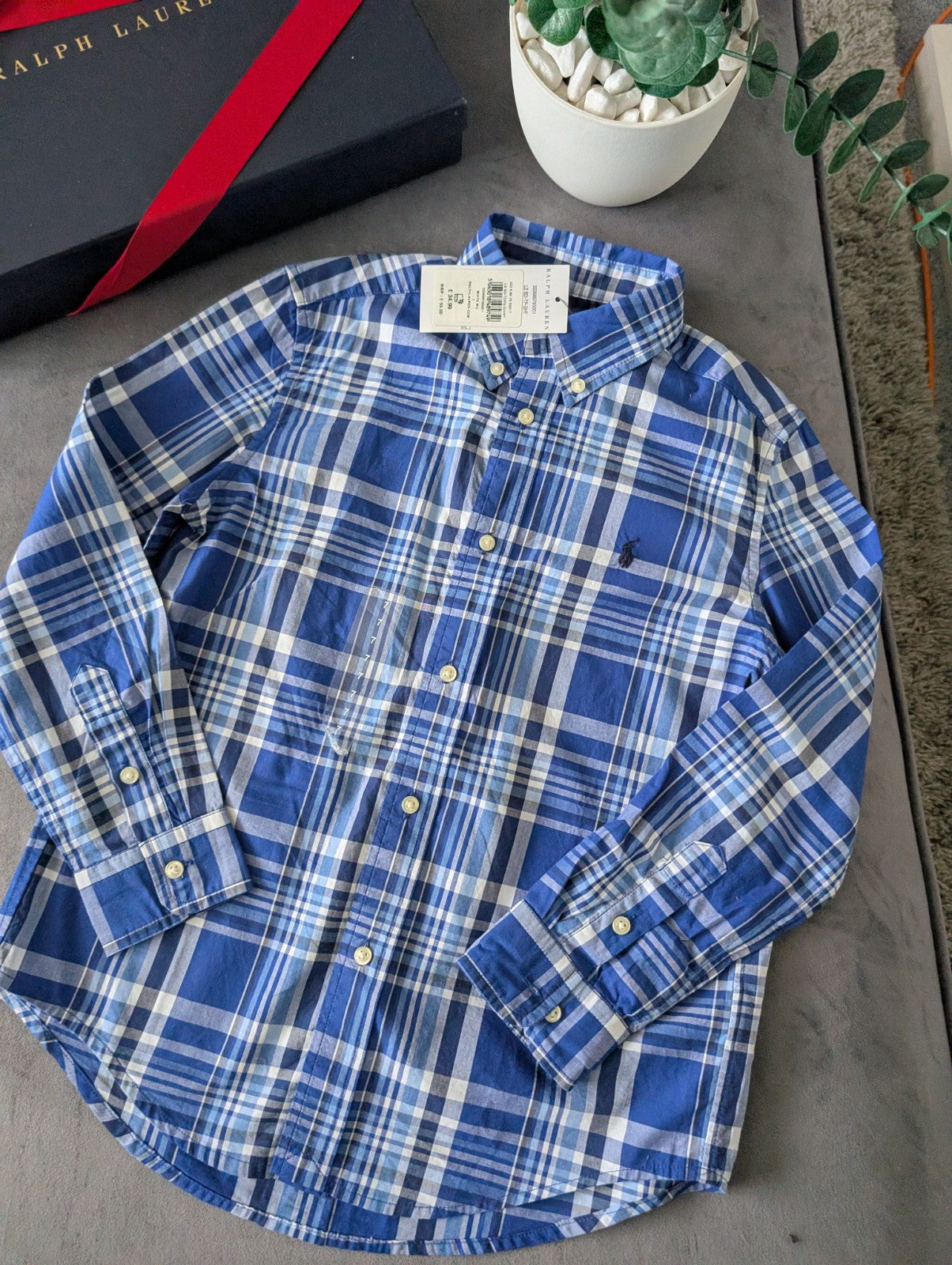 New Ralph Lauren Blue White Check Boys Shirt Smart Occasion Age 7 Yrs Gift