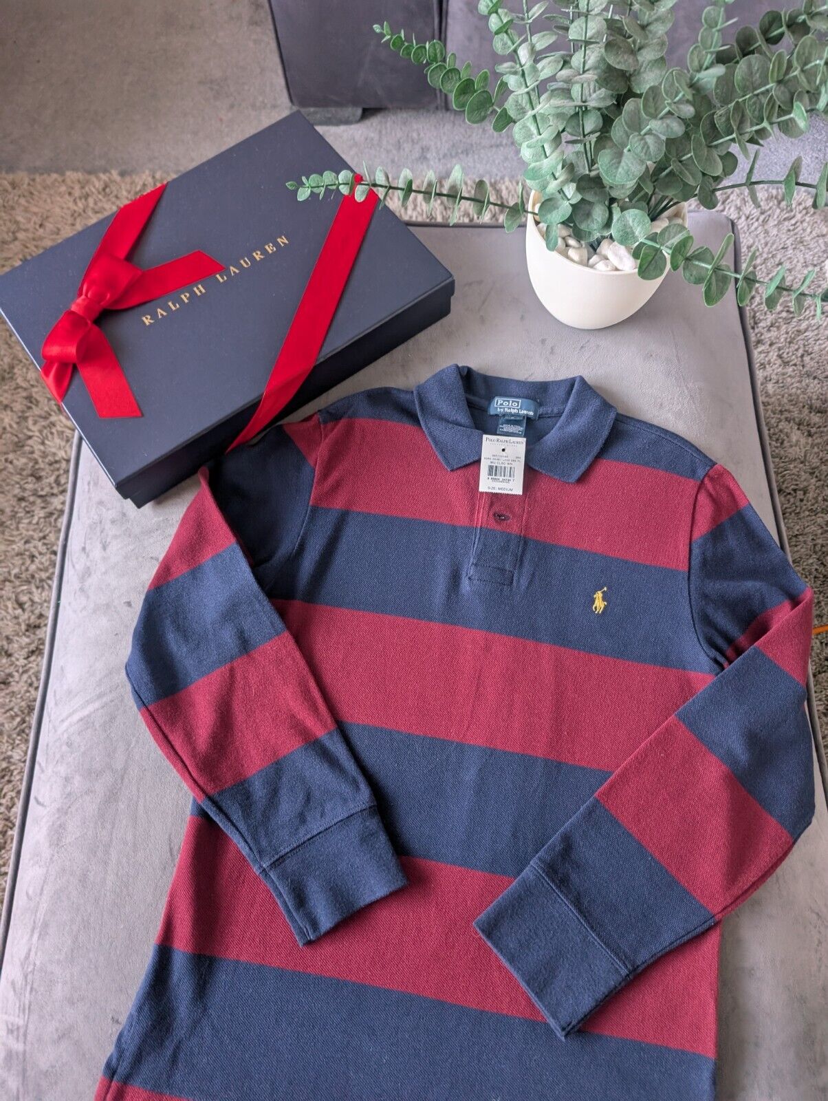 New Ralph Lauren Boys Rugby Style Stripe Long Sleeve Polo Burgundy Navy 10y Boys