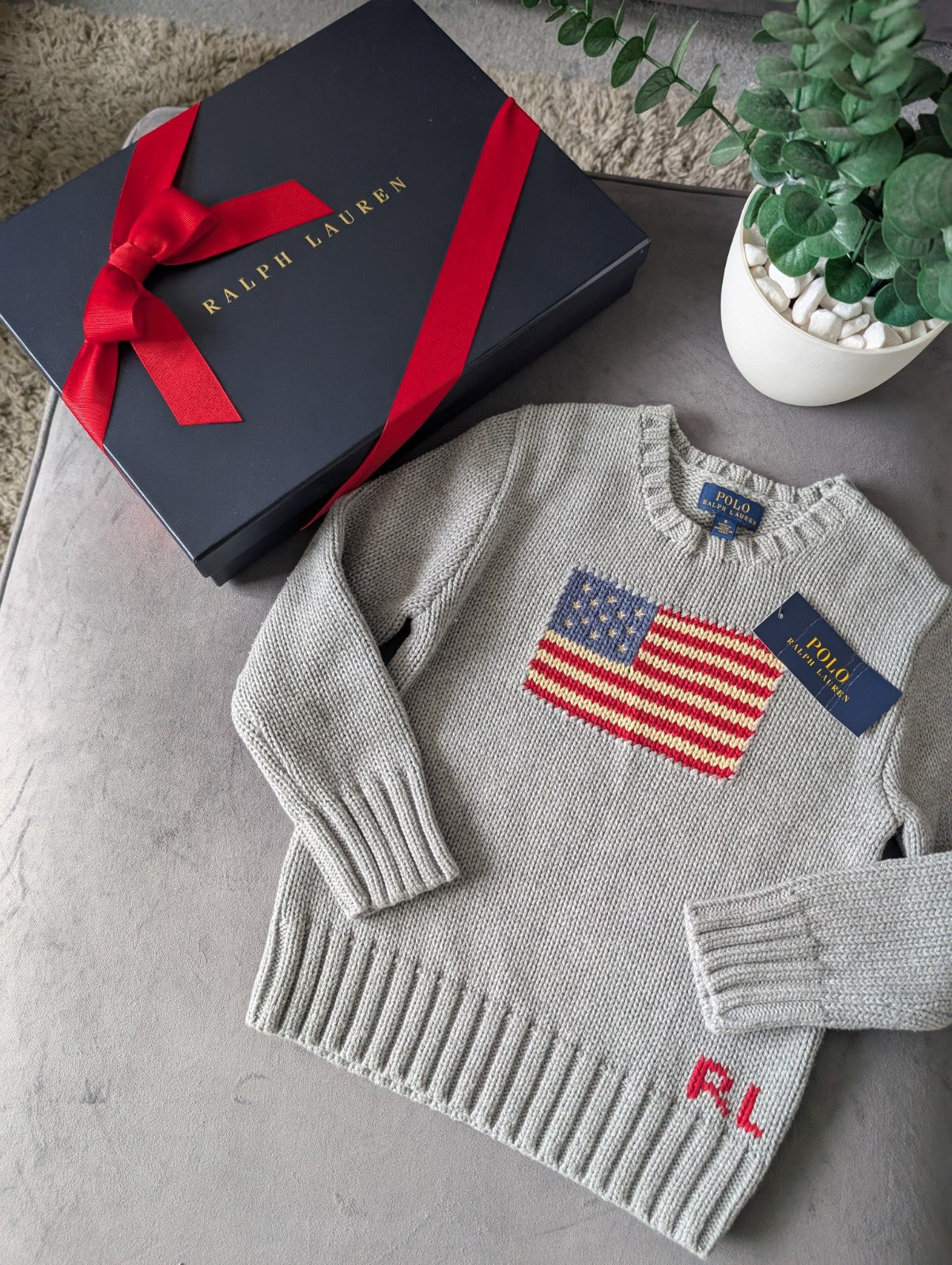 New Polo Ralph Lauren Grey Smart American flag jumper age UK 4-5yr USA Boys Gift