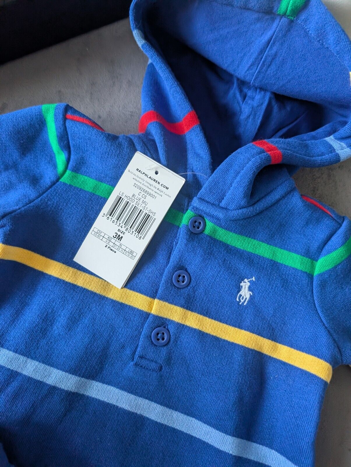 New Ralph Lauren Baby Boy Blue Short And Hoodie Set Gift Stripe Multi 0-3m Cute