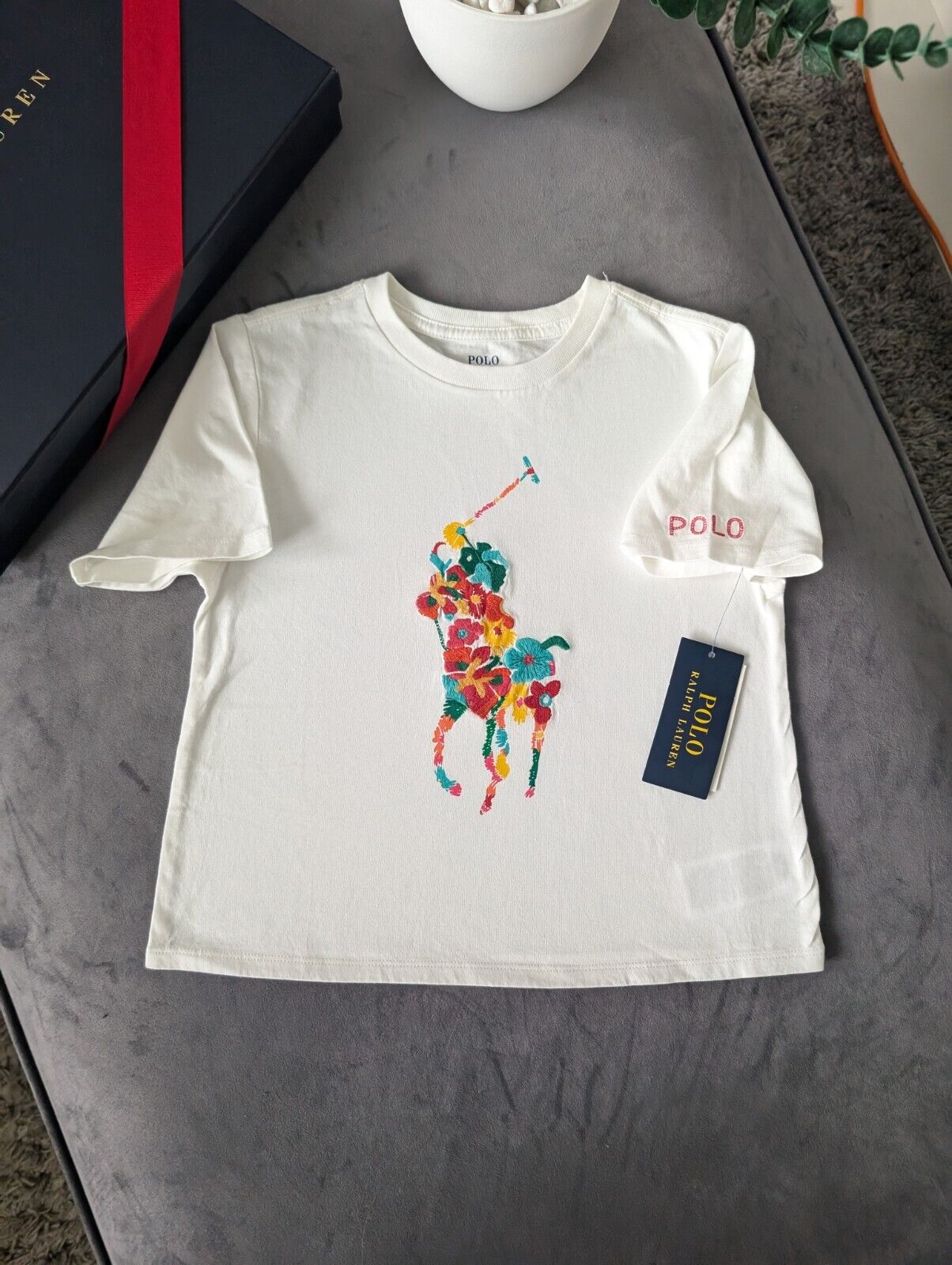 New Ralph Lauren Girls Ivory Embroidery Floral Pony Logo Top T Shirt Gift 6Xyrs