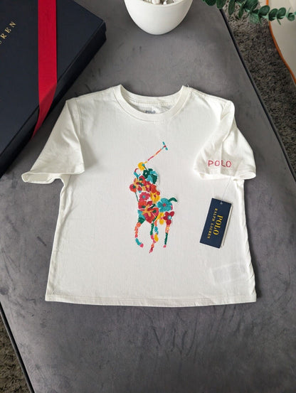 New Ralph Lauren Girls Ivory Embroidery Floral Pony Logo Top T Shirt Gift 6Xyrs