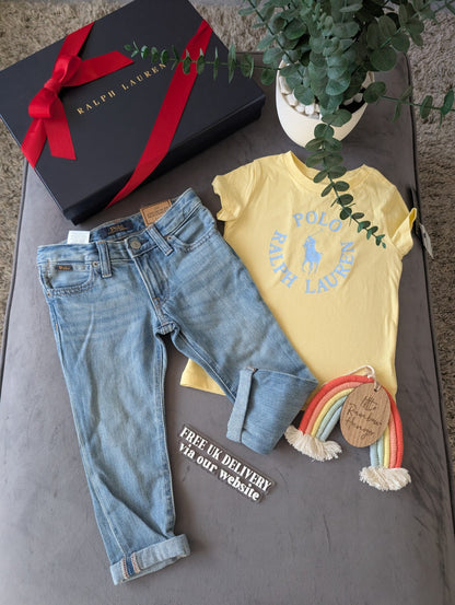 New Ralph Lauren Girls Yellow T Shirt + Blue Denim Boyfriend Jeans Summer 2yrs