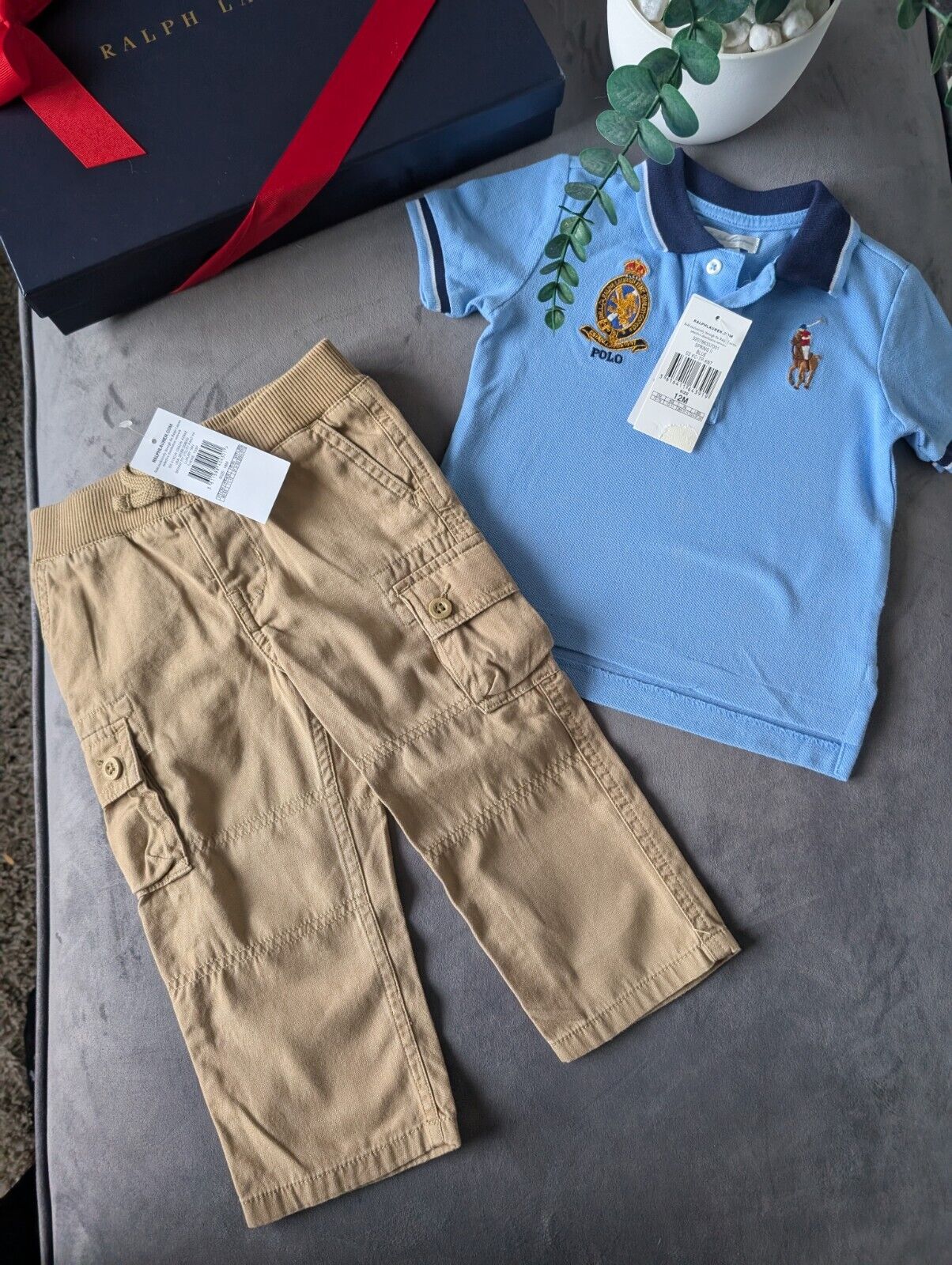 New adorable Ralph Lauren boys Polo Shirt Blue  + Chino Trousers Age 12m Gift