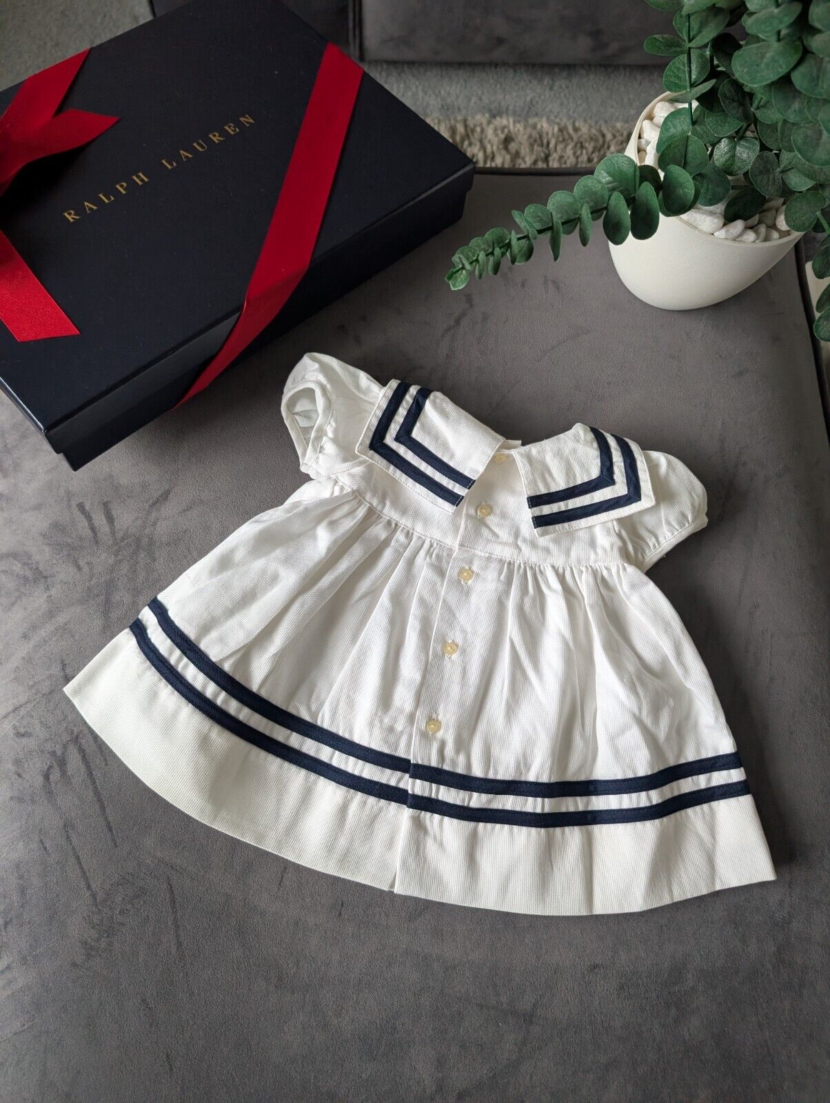 New stunning Ralph Lauren baby girls sally sailor dress white navy bow 0-3m