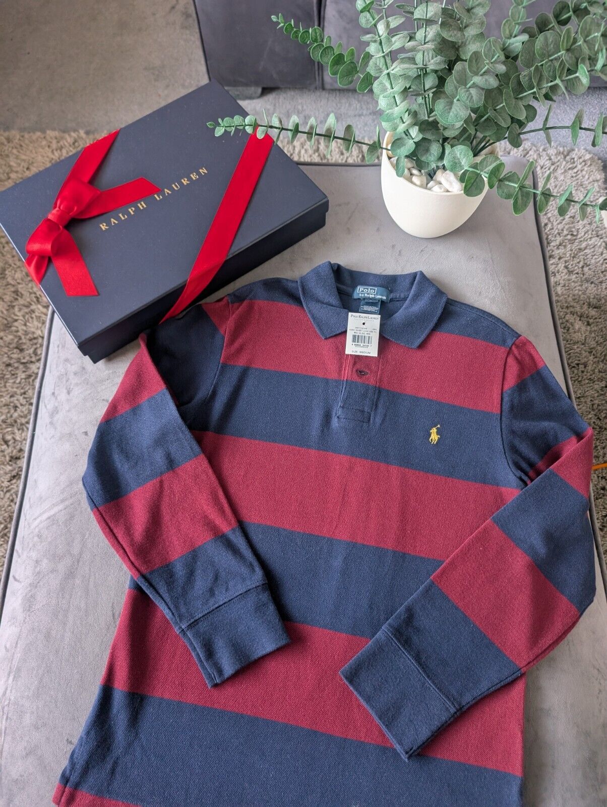 New Ralph Lauren Boys Rugby Style Stripe Long Sleeve Polo Burgundy Navy 10y Boys