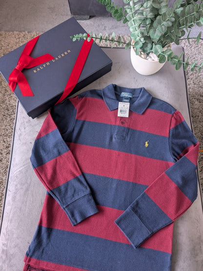 New Ralph Lauren Boys Rugby Style Stripe Long Sleeve Polo Burgundy Navy 10y Boys